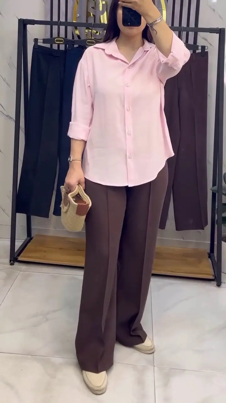 شلوار سیلک راسته قهوه‌ای روی تن
